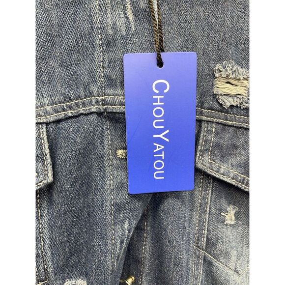 ChouYaTou distressed long length Jean Jacket Trench Coat Size Large - Picture 3 of 4